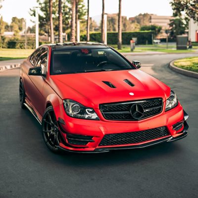 satin candy fire red car wrap mercedes c350 miami